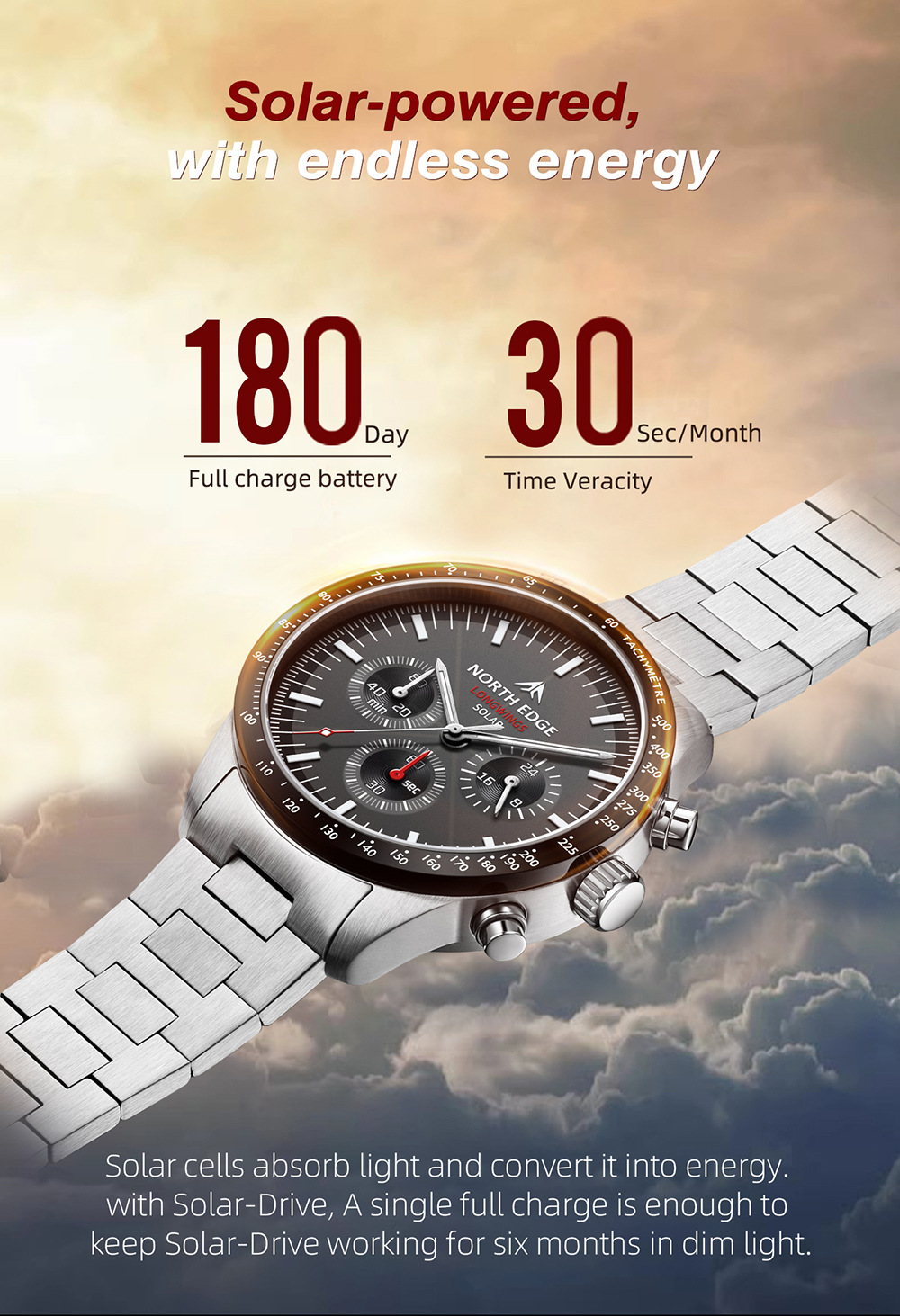 Solar Powered Watch - Nouvelle montre à quartz rechargeable solaire